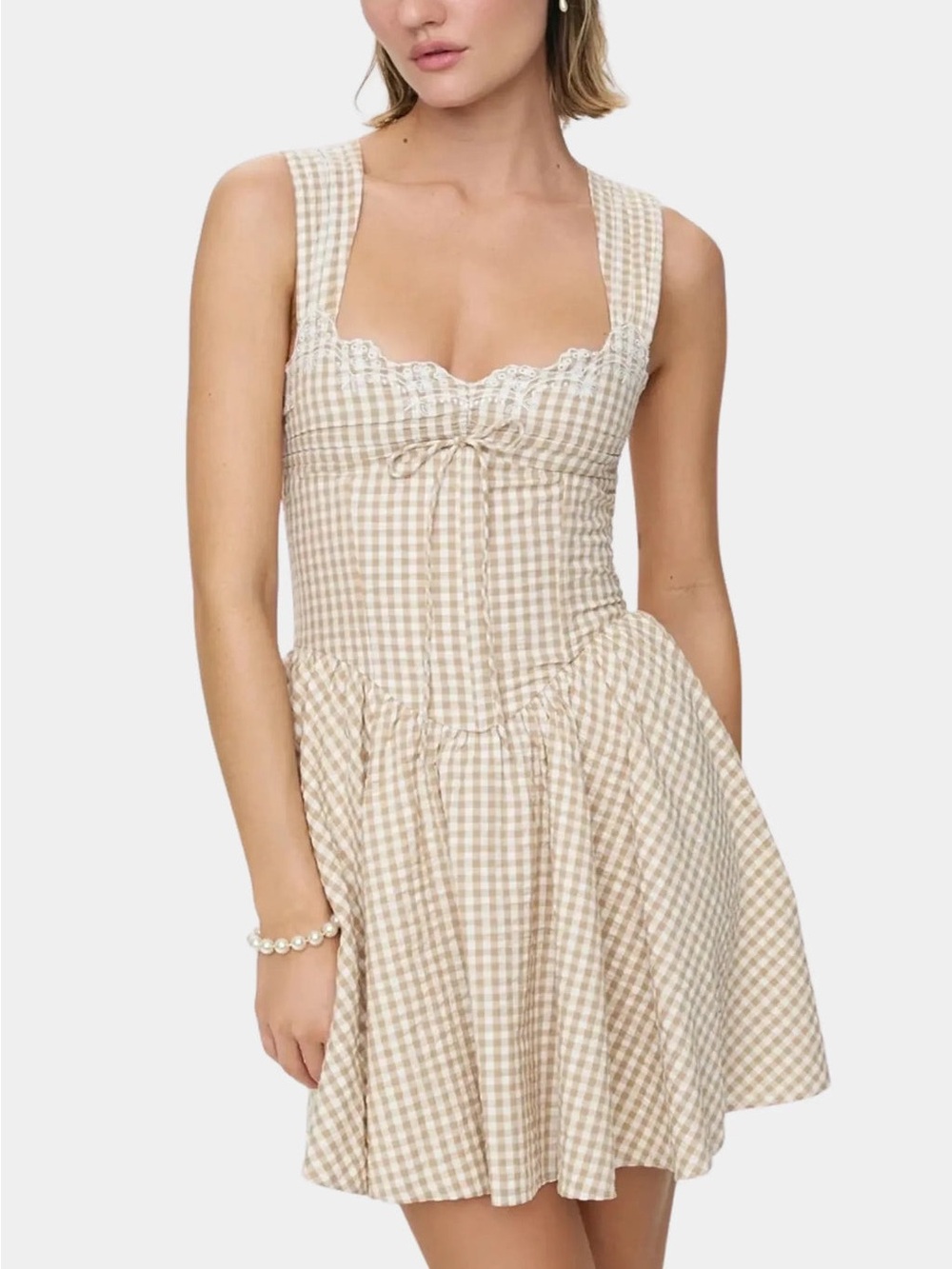 NWT S For Love & Lemons That’s Amor tan Gingham Mini Dress sweetheart corset